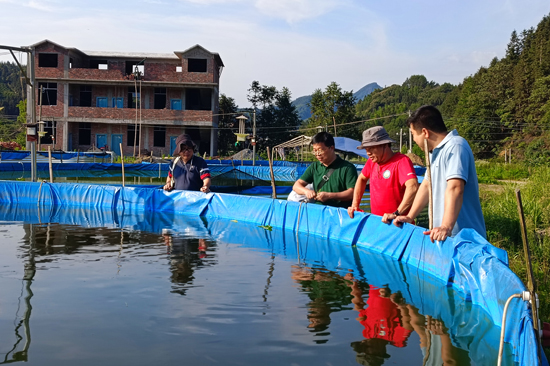 指导村民如何开展陆基圆池流水养殖罗非鱼和鲤鱼。彩神Vll官网-追求健康你我一起成长供图